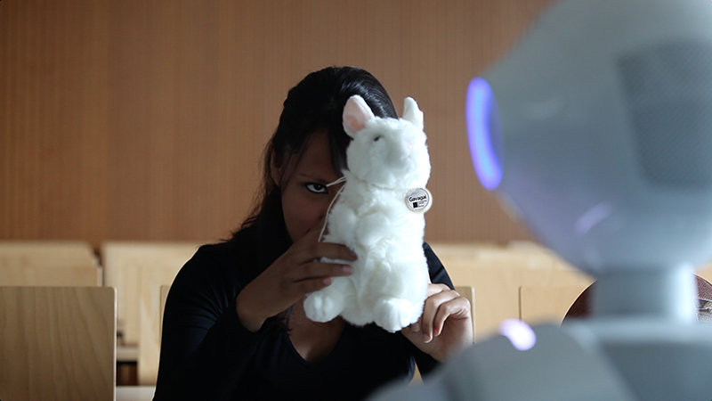 Object recognition: Selene Báez showing Pepper robot Leolani a plush rabbit.